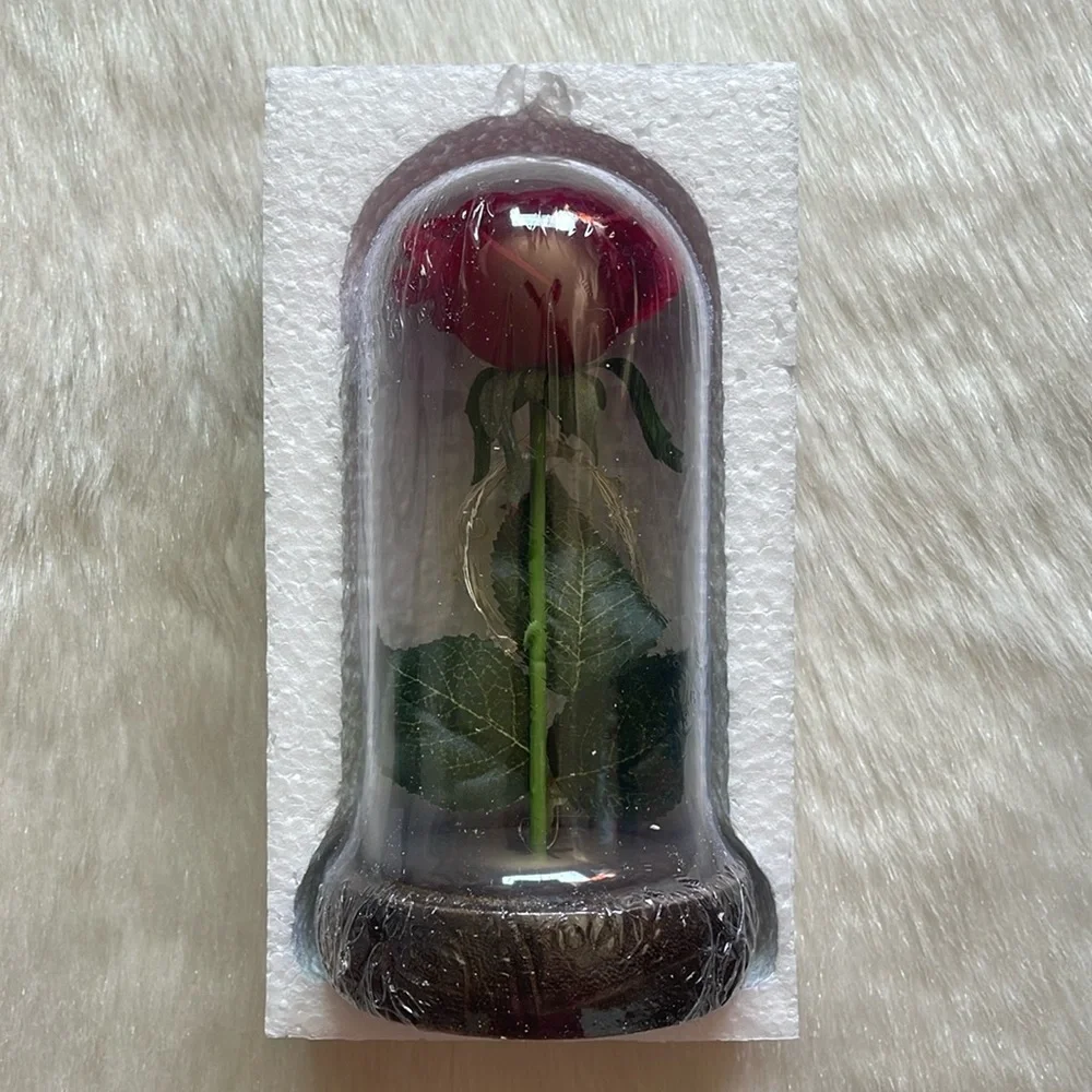 Enchanted LED Light Artificial Eternal Rose In Glass Dome With Wooden Base Decor